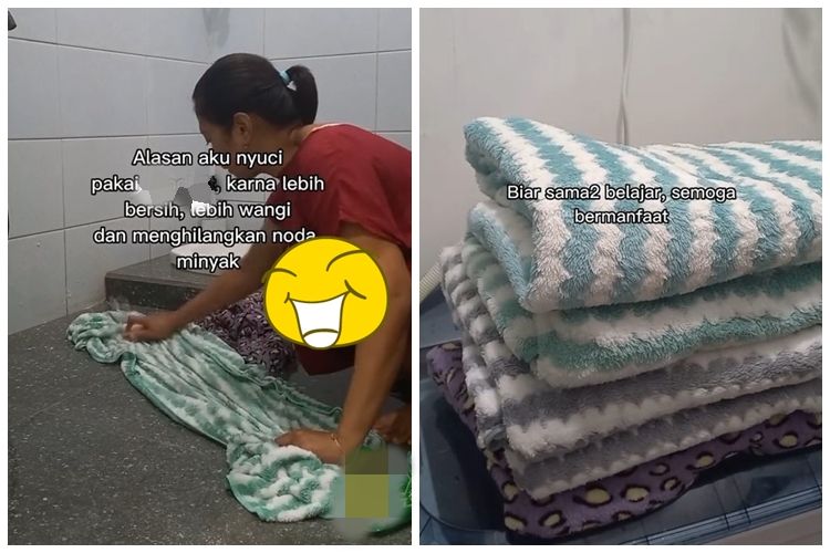 Tak direndam air panas, ibu muda ini cuci handuk dekil jadi kinclong dan antiapek pakai 1 bahan dapur