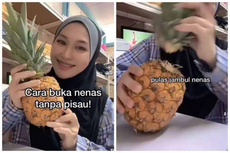 Cara mudah mengupas kulit nanas tanpa menggunakan pisau atau alat apapun, lebih cepat dan&nbsp;mudah